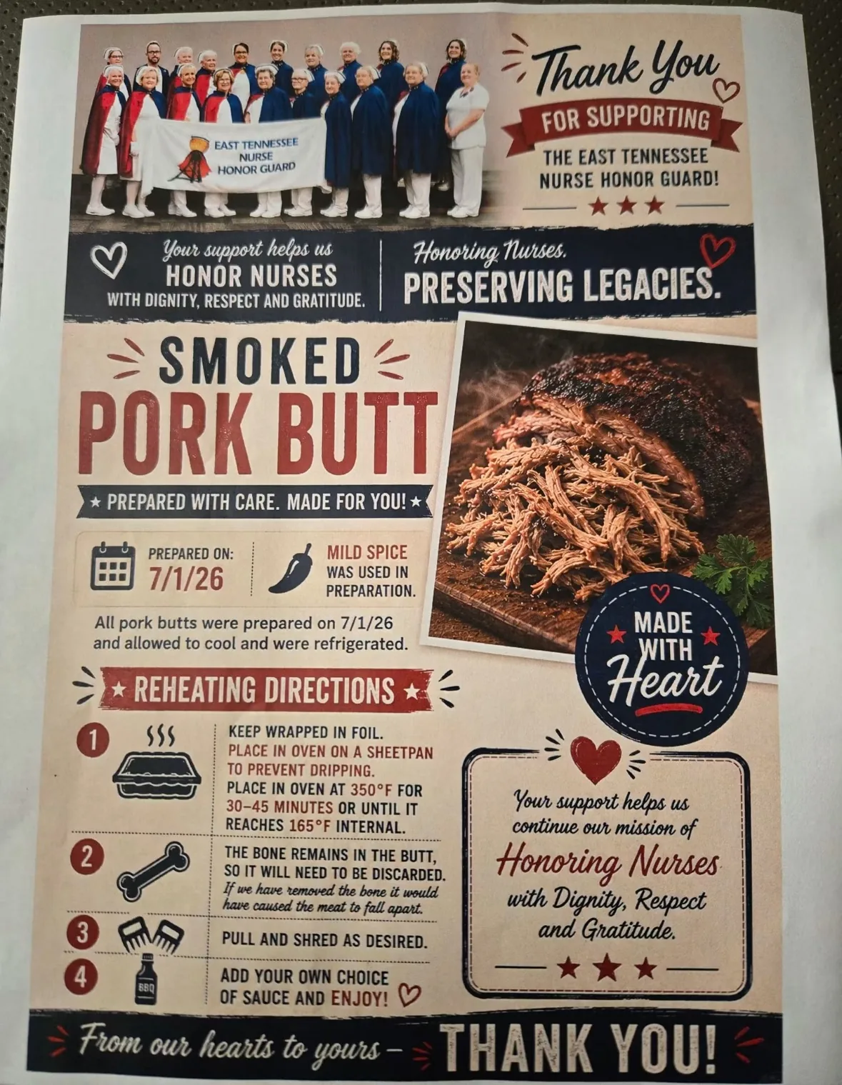 The thank-you card sent home with each smoked pork butt, showing a chapter group photograph, reheating directions, and the note that the pork was prepared on 1 July 2026.