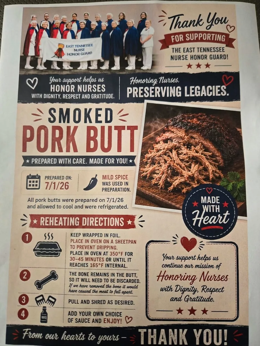 Flyer for the chapter's smoked pork butt fundraiser, thanking supporters and giving reheating directions, headed Honoring Nurses, Preserving Legacies.