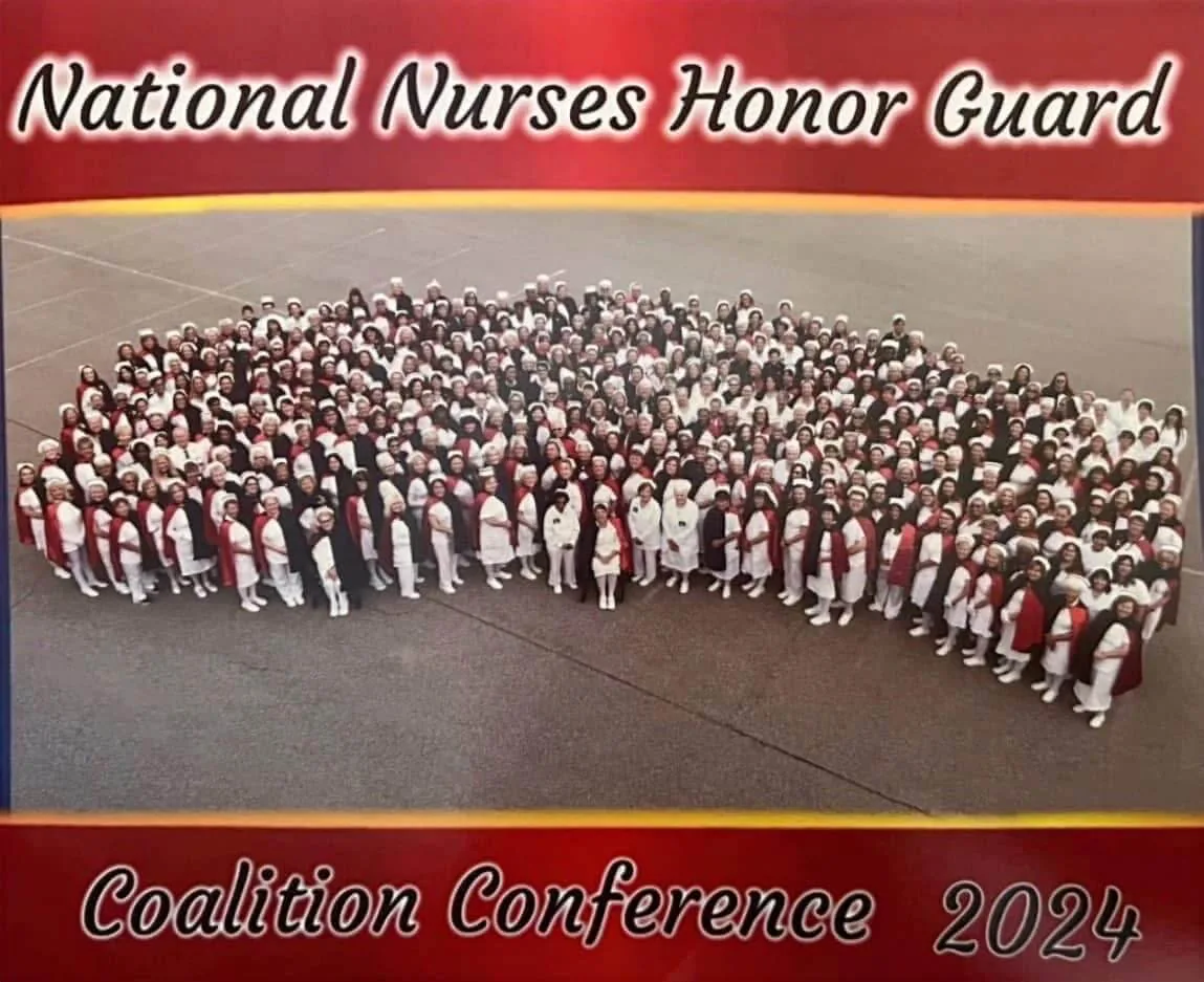A commemorative photograph titled National Nurses Honor Guard Coalition Conference 2024, showing several hundred honor guard members assembled outdoors in white uniforms and red capes.