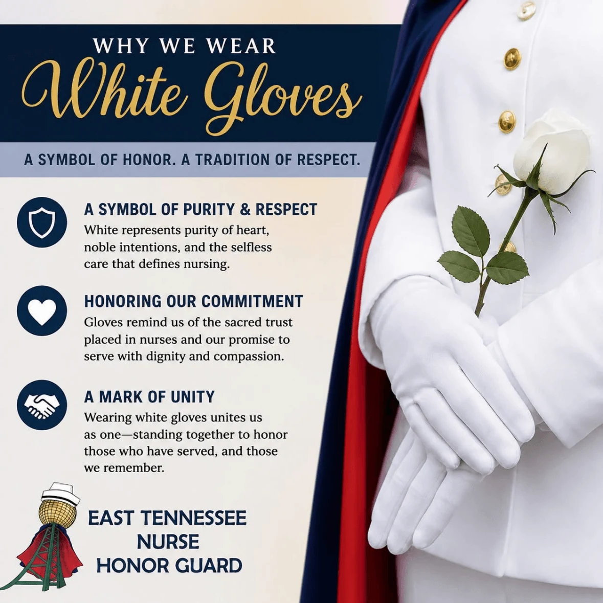 Infographic titled 'Why We Wear White Gloves - A Symbol of Honor. A Tradition of Respect.', showing a nurse in a white uniform and navy-and-red cape with gloved hands folded, holding a white rose. It gives three reasons: a symbol of purity and respect, white representing purity of heart, noble intentions and the selfless care that defines nursing; honoring our commitment, the gloves reminding us of the sacred trust placed in nurses and our promise to serve with dignity and compassion; and a mark of unity, wearing white gloves uniting us as one, standing together to honor those who have served and those we remember. It closes with the East Tennessee Nurse Honor Guard name and lamp emblem.