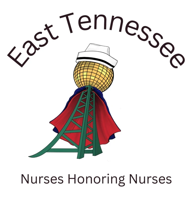 The East Tennessee Nurse Honor Guard logo: the Knoxville Sunsphere wearing a nurse’s cap and a red and navy cape, ringed by the words East Tennessee and Nurses Honoring Nurses.