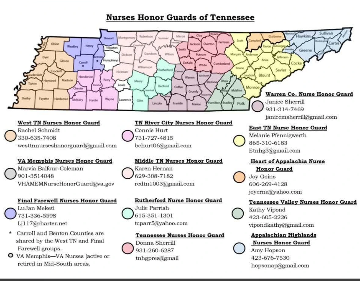 Map of Tennessee titled Nurses Honor Guards of Tennessee, colouring the counties served by each of the twelve chapters, with the contact name, telephone number and email address for every chapter listed beneath.