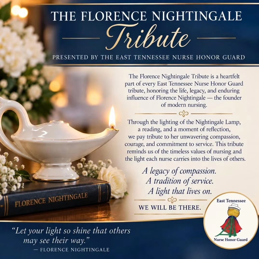 Infographic titled 'The Florence Nightingale Tribute', presented by the East Tennessee Nurse Honor Guard, showing a white ceramic Nightingale lamp with a lit flame resting on a book titled Florence Nightingale, beside a white rose and white flowers. It explains that the Florence Nightingale Tribute is a heartfelt part of every East Tennessee Nurse Honor Guard tribute, honoring the life, legacy and enduring influence of Florence Nightingale, the founder of modern nursing. Through the lighting of the Nightingale Lamp, a reading and a moment of reflection, we pay tribute to her unwavering compassion, courage and commitment to service; this tribute reminds us of the timeless values of nursing and the light each nurse carries into the lives of others. It closes with the words 'A legacy of compassion. A tradition of service. A light that lives on. We will be there.', a quotation credited to Florence Nightingale, 'Let your light so shine that others may see their way', and the East Tennessee Nurse Honor Guard logo.