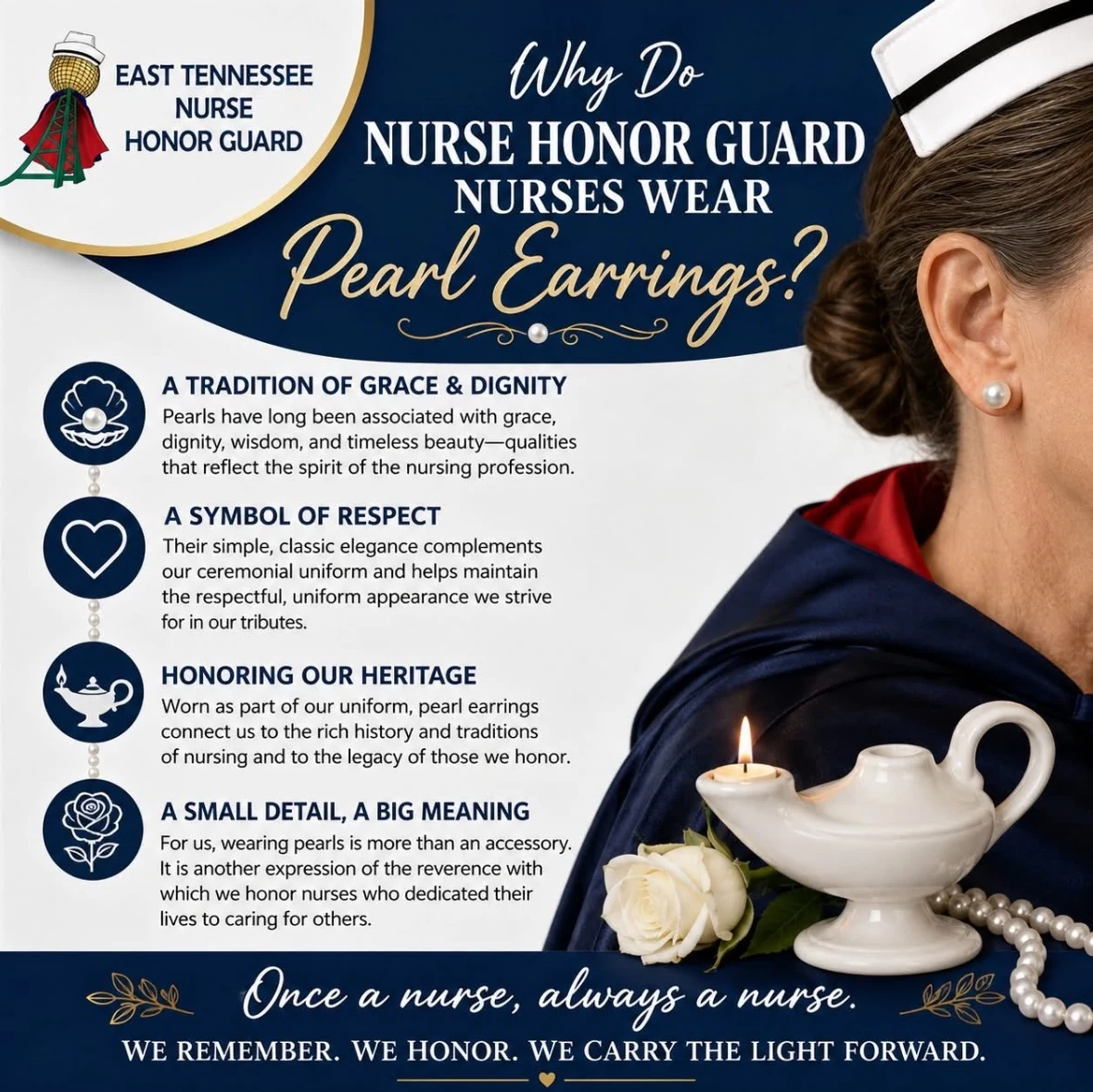 Infographic titled 'Why Do Nurse Honor Guard Nurses Wear Pearl Earrings?', showing a nurse in a white banded cap and a navy-and-red cape, seen from behind and to the side, wearing a pearl earring, with a lit white Nightingale lamp, a white rose and a strand of pearls resting beside her. It gives four reasons. A tradition of grace and dignity: pearls have long been associated with grace, dignity, wisdom and timeless beauty, qualities that reflect the spirit of the nursing profession. A symbol of respect: their simple, classic elegance complements our ceremonial uniform and helps maintain the respectful, uniform appearance we strive for in our tributes. Honoring our heritage: worn as part of our uniform, pearl earrings connect us to the rich history and traditions of nursing and to the legacy of those we honor. A small detail, a big meaning: for us, wearing pearls is more than an accessory, it is another expression of the reverence with which we honor nurses who dedicated their lives to caring for others. It closes with the East Tennessee Nurse Honor Guard name and lamp emblem and the words 'Once a nurse, always a nurse. We remember. We honor. We carry the light forward.'