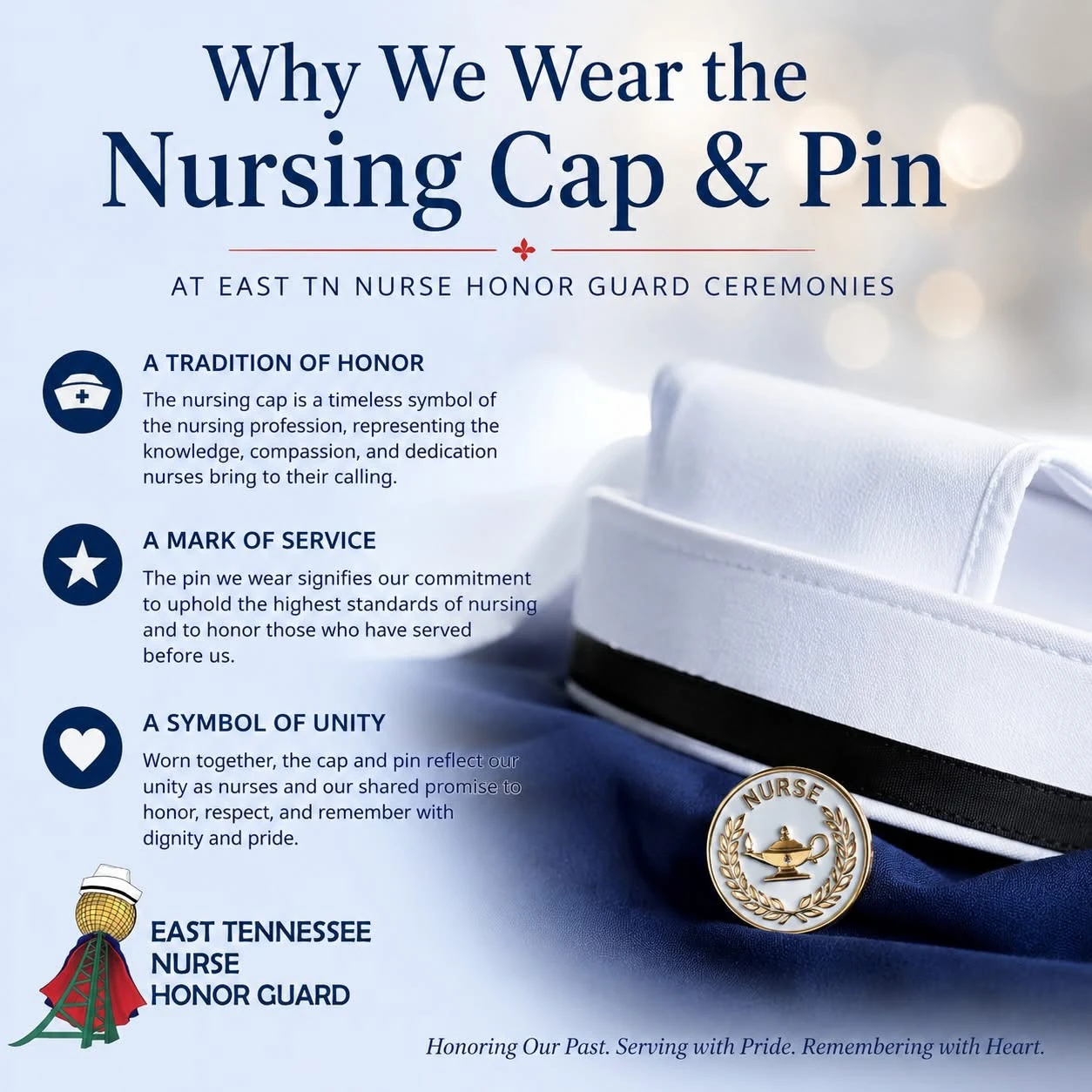 Infographic titled 'Why We Wear the Nursing Cap & Pin at East TN Nurse Honor Guard Ceremonies', showing a white nursing cap with a black band resting on navy fabric beside a gold and white pin bearing a Nightingale lamp, a laurel wreath and the word NURSE. It gives three reasons. A tradition of honor: the nursing cap is a timeless symbol of the nursing profession, representing the knowledge, compassion and dedication nurses bring to their calling. A mark of service: the pin we wear signifies our commitment to uphold the highest standards of nursing and to honor those who have served before us. A symbol of unity: worn together, the cap and pin reflect our unity as nurses and our shared promise to honor, respect and remember with dignity and pride. It closes with the East Tennessee Nurse Honor Guard name and lamp emblem and the words 'Honoring our past. Serving with pride. Remembering with heart.'